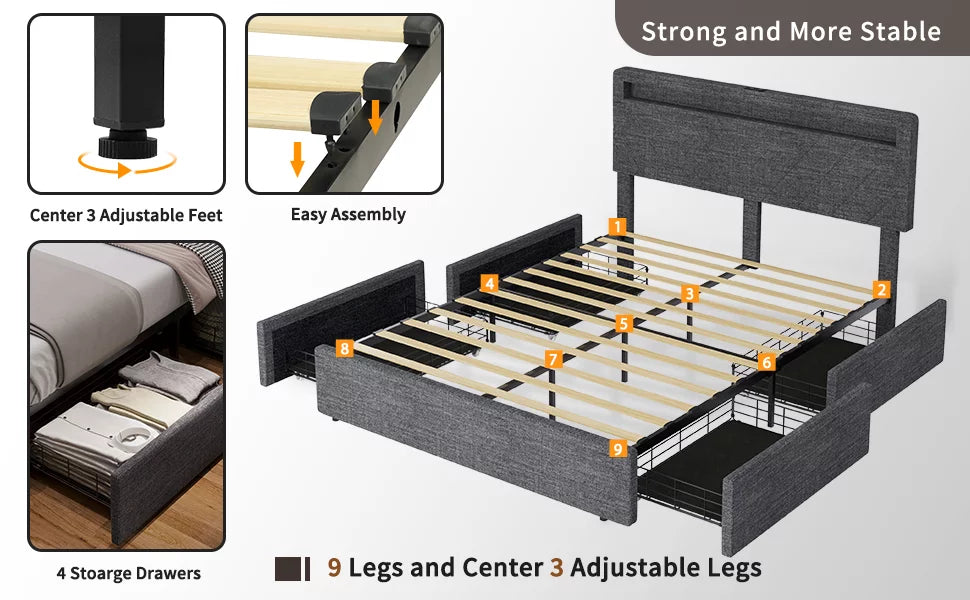Queen Upholstered Platform Bed Frame with 4 Storage Drawers and LED Headboard A9811