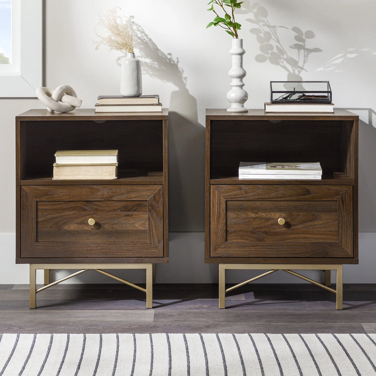 Modern Single Drawer Nightstand, Set of 2, Dark Walnut E4985