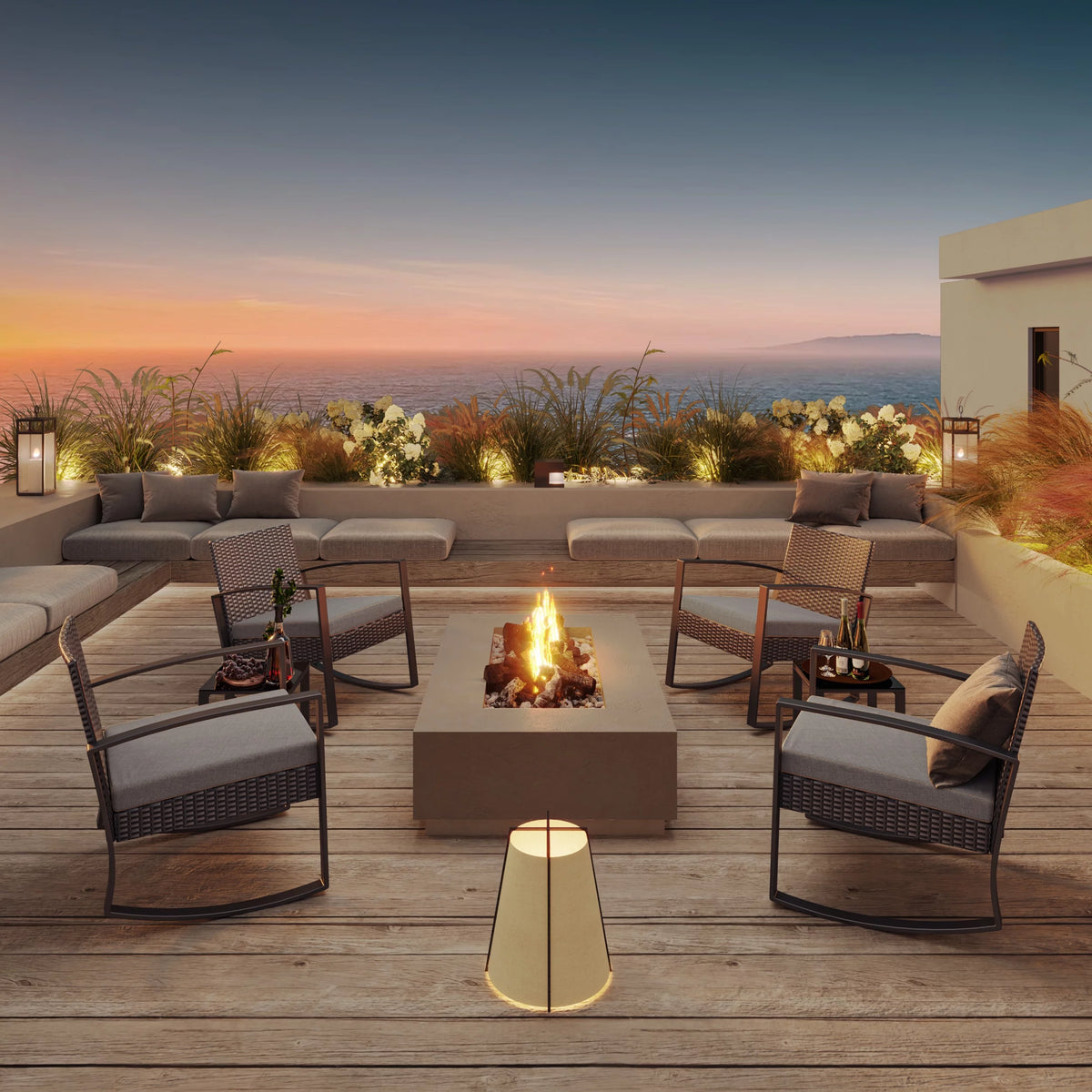 3 Pieces Wicker Patio Set with Glass Table Grey Cushion Y69476