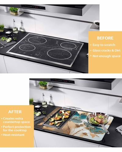 Teal Floral Blossom Gold Foil Leaves Induction Cooktop Protector Mat 24x21IN U654830