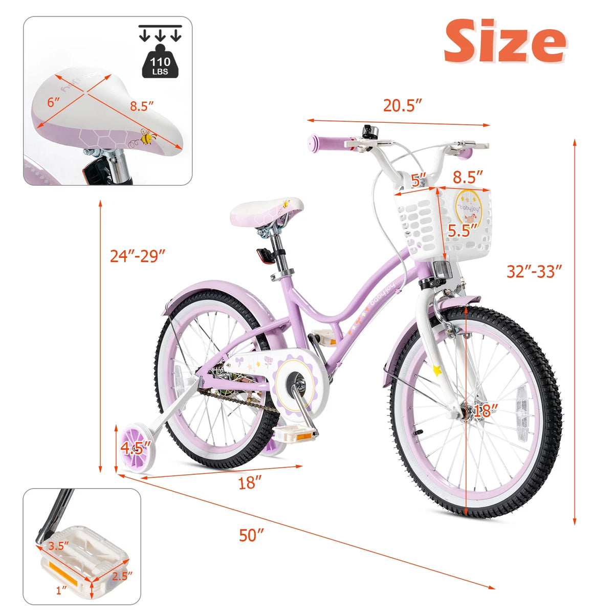 Kids Bike with Removable Training Wheels & Adjustable Seat Purple J98679