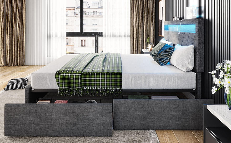 Queen Upholstered Platform Bed Frame with 4 Storage Drawers and LED Headboard A9811