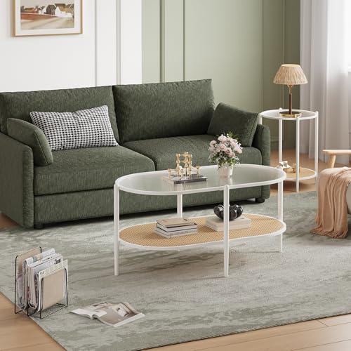 37" Rattan Oval Coffee Table, 2-Tier Storage Shelf Metal Frame B128