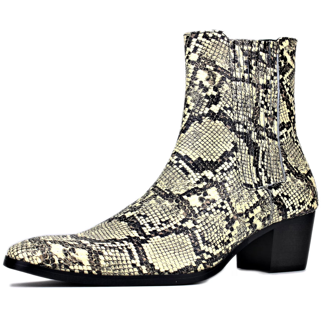 Beige Chelsea Snake Prints Leather Slip-On Dress Boots C4797