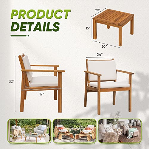 3 Piece Acacia Wood Patio Chairs with Coffee Table & Cushions M528