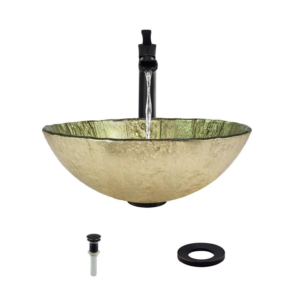 Gold Foil Glass Vessel Sink with Faucet and Pop-Up Drain Z482