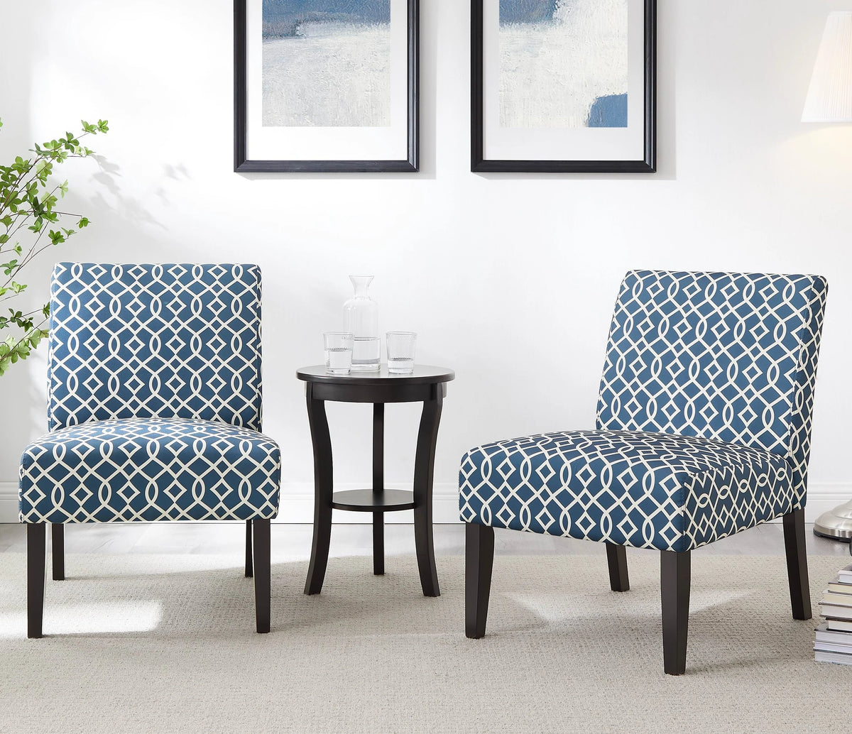 3pc Blue Fabric Upholstered Side Table and 2 Chairs O3764
