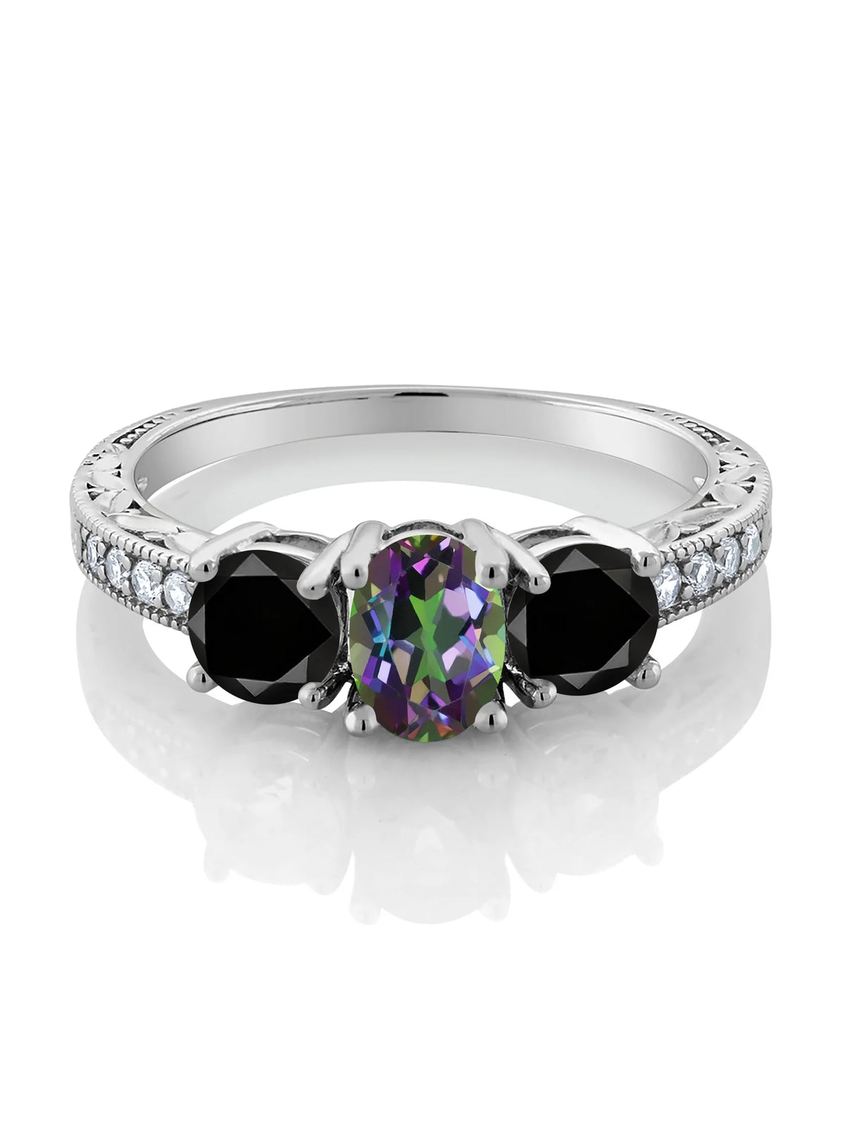 Oval Green Mystic Topaz Black Diamond 925 Sterling Silver Ring H57335