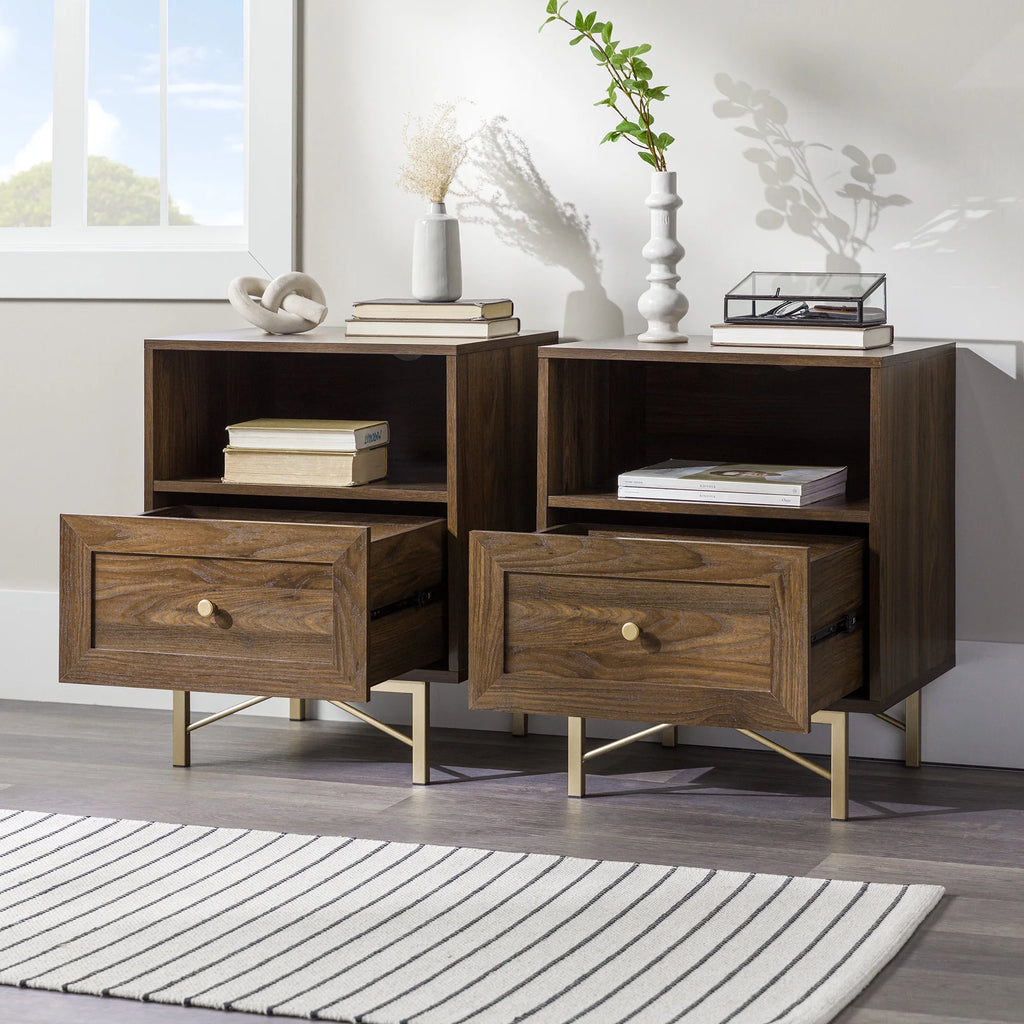 Modern Single Drawer Nightstand, Set of 2, Dark Walnut E4985