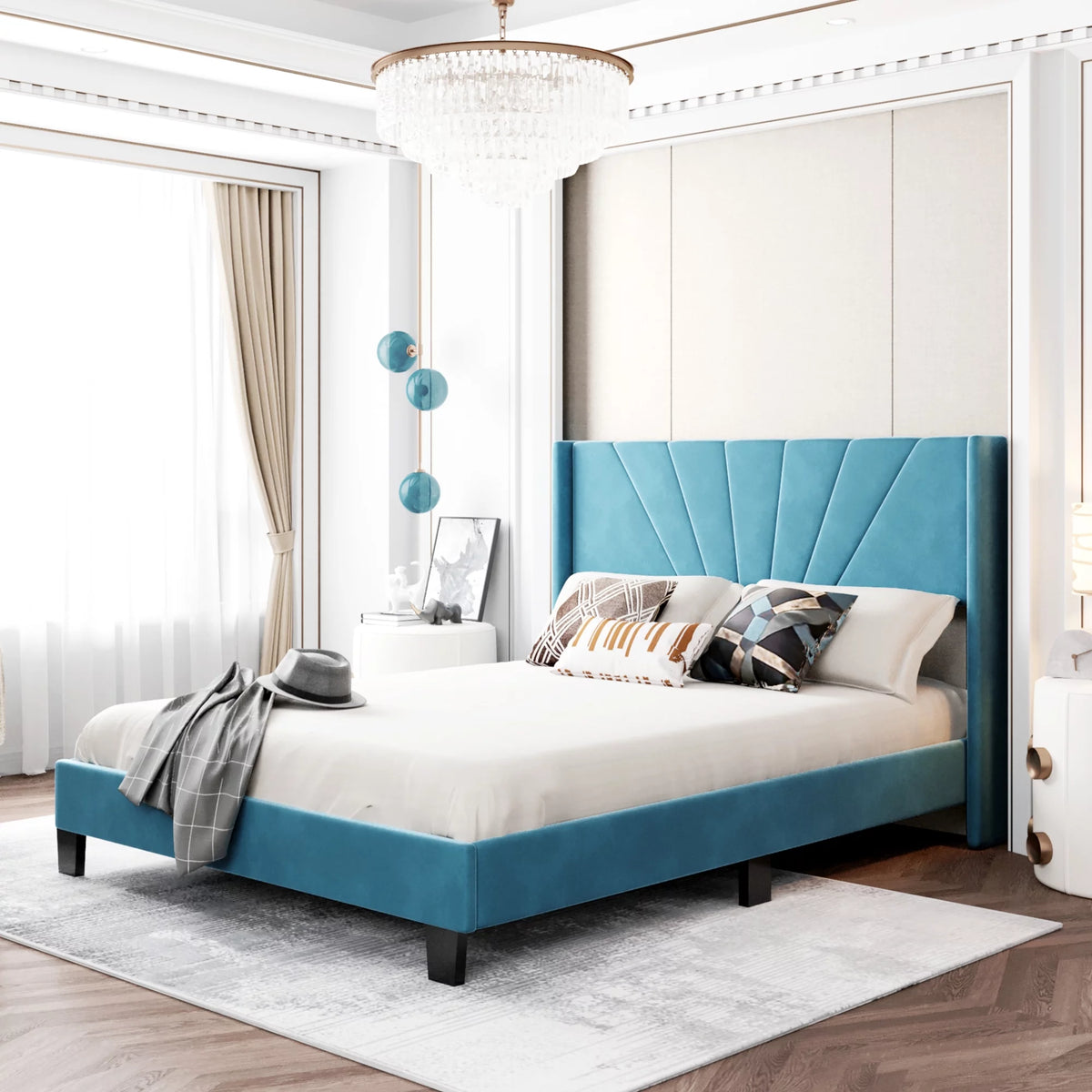 Blue Velvet Upholstered Queen Size Platform Bed Frame with Headboard D7040