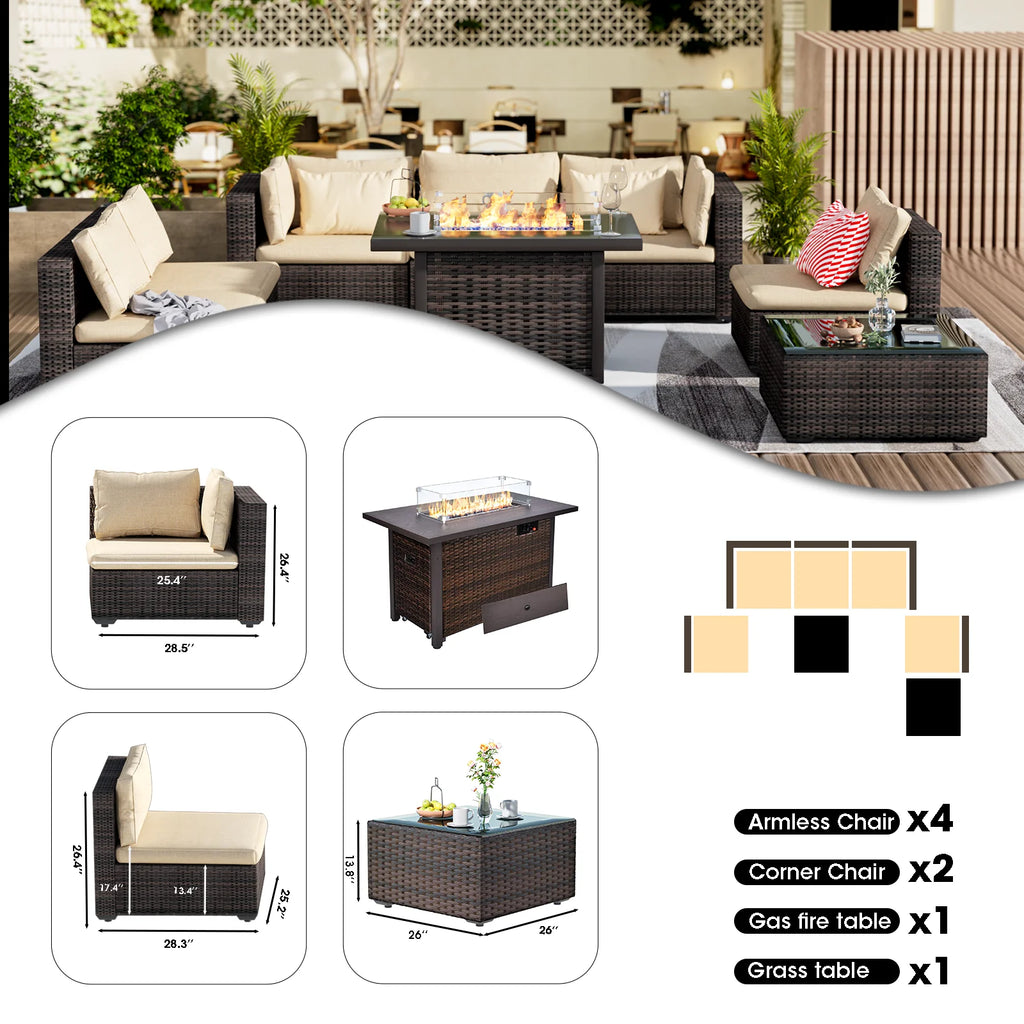 8 Pieces All Weather Wicker Sectional Sofa with Black-Glass Table Y723