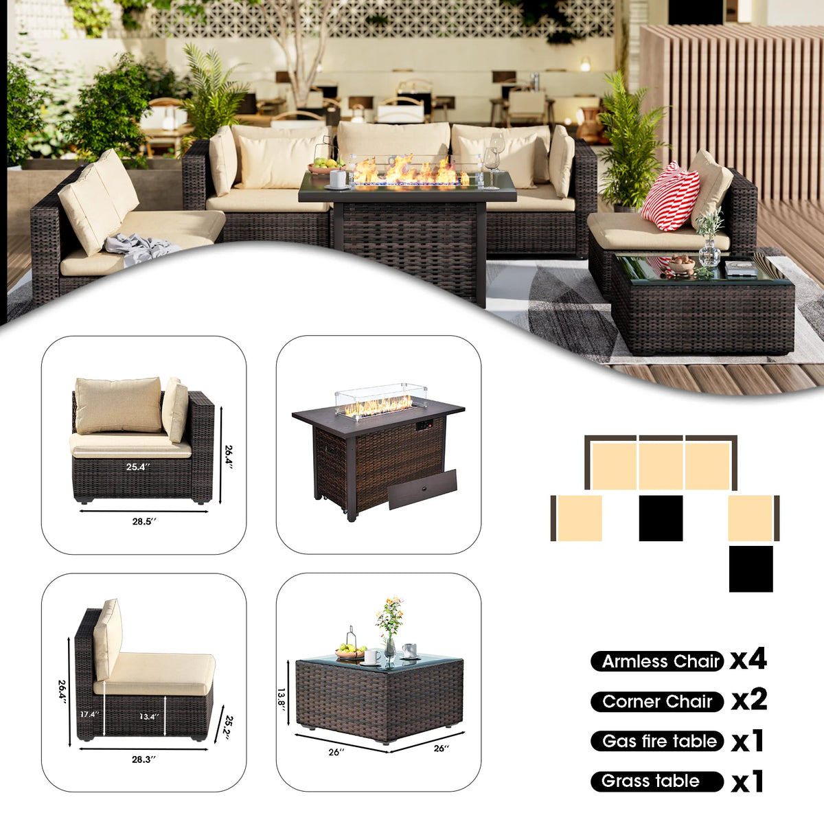 8 Pieces All Weather Wicker Sectional Sofa with Black-Glass Table Y723