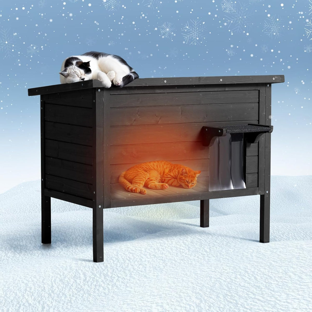 Outdoor Cat House Weatherproof Insulated Foam Wooden Cat Condos with PVC Door Flaps O3824