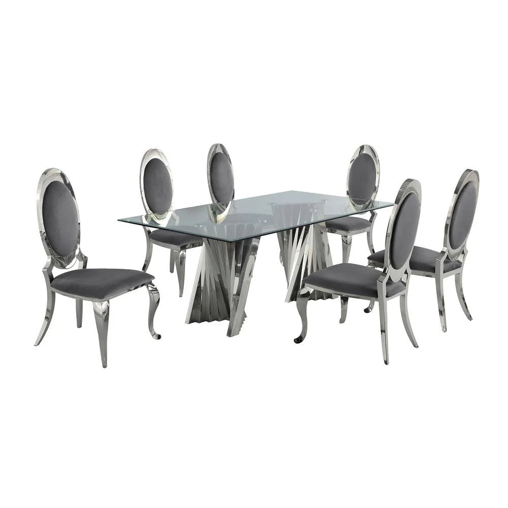 Clear Glass Dining Set with 6 Gray Velvet Chairs C793