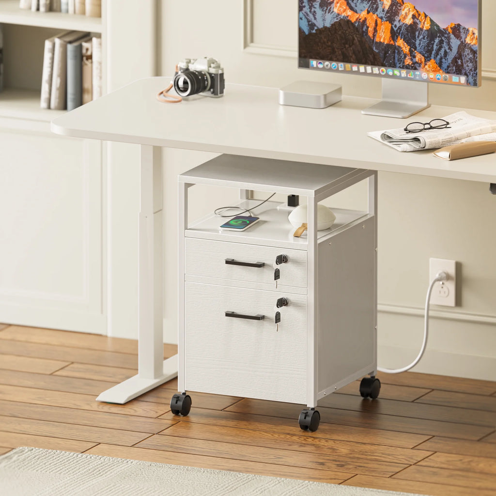 White 2 Drawer Mobile File Cabinet with Lock and Charging Station J65394