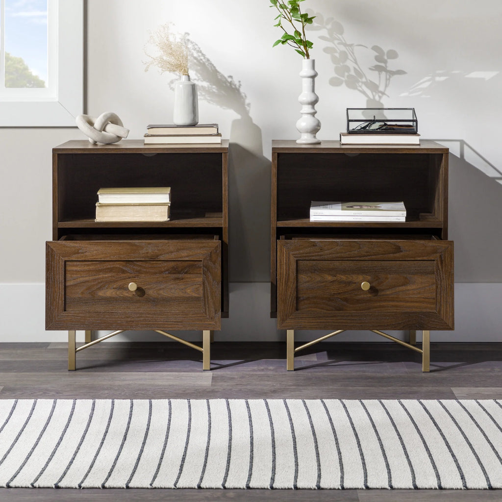 Modern Single Drawer Nightstand, Set of 2, Dark Walnut E4985