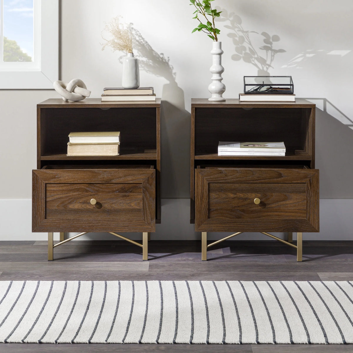 Modern Single Drawer Nightstand, Set of 2, Dark Walnut E4985