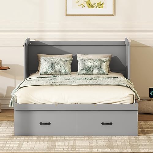 White Queen Size Foldable Wood Wall Bed Frame with Shelves and LED Lights N7393