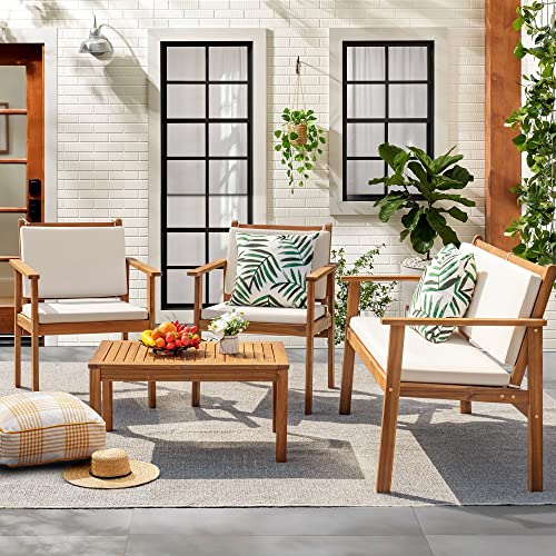 3 Piece Acacia Wood Patio Chairs with Coffee Table & Cushions M528