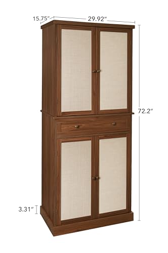 Tall Cabinet with 4 Rattan Doors and 1 Drawers, Adjustable Shelves (Walnut) R94023