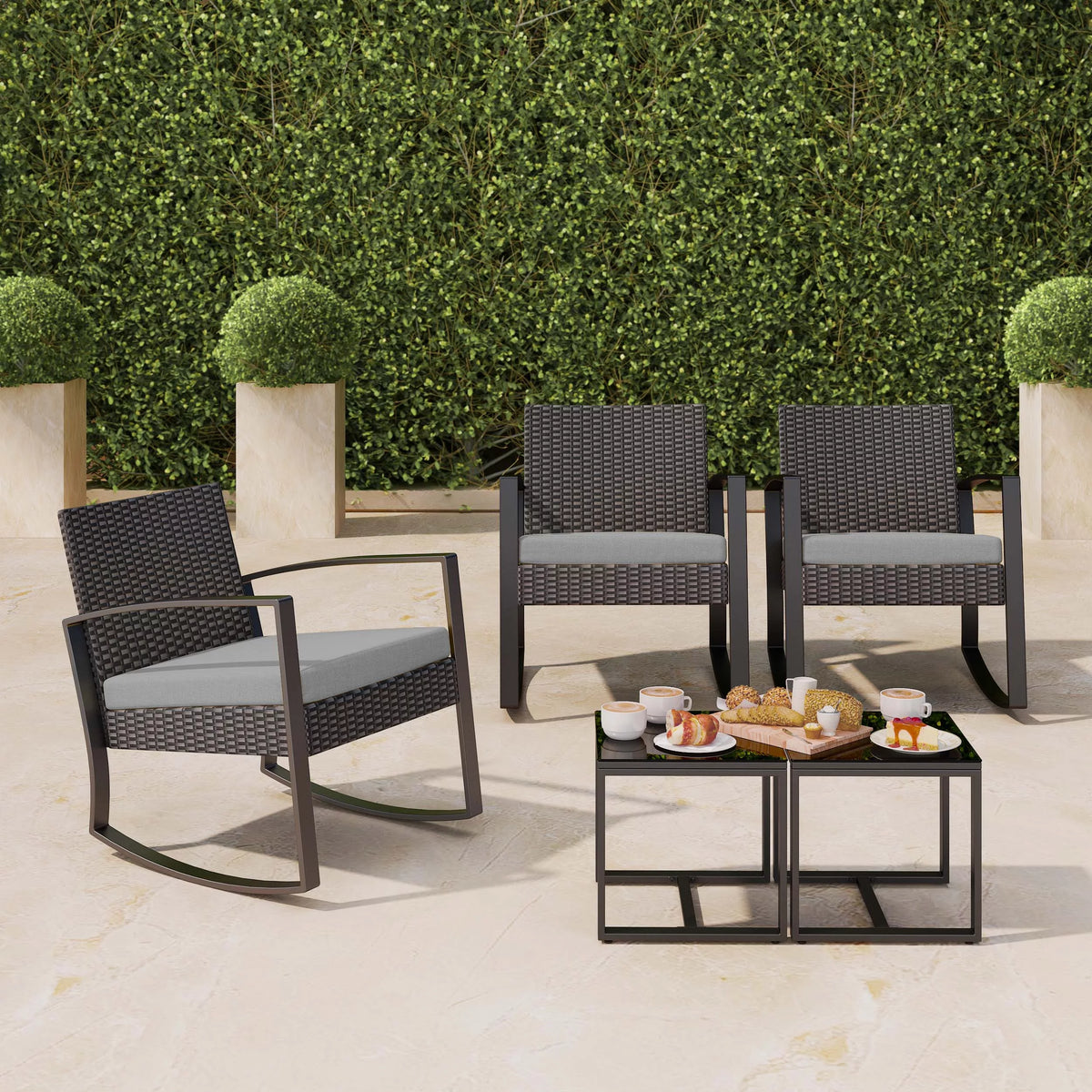 3 Pieces Wicker Patio Set with Glass Table Grey Cushion Y69476