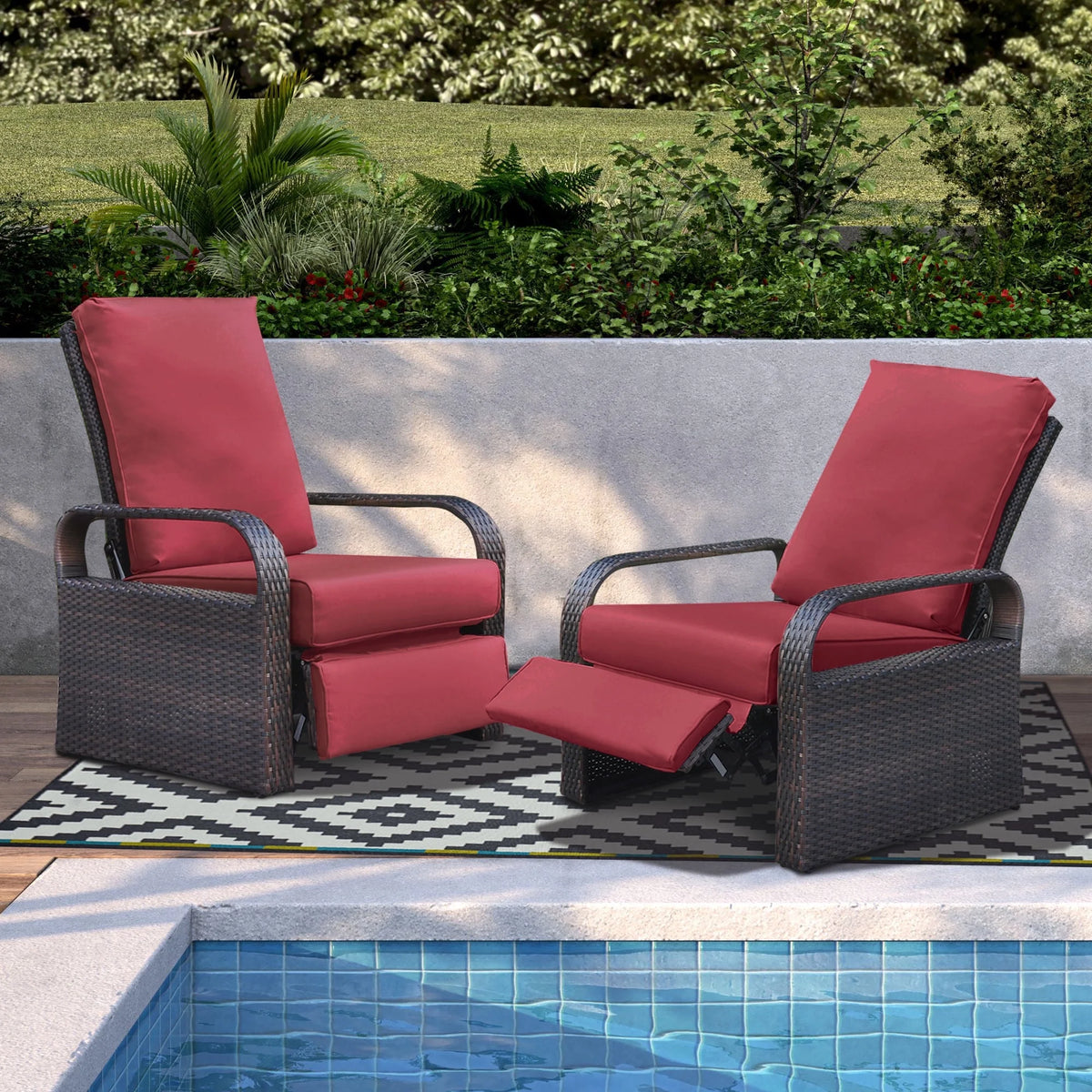 Red Resin Wicker Recliner Chair with Footrest H33982