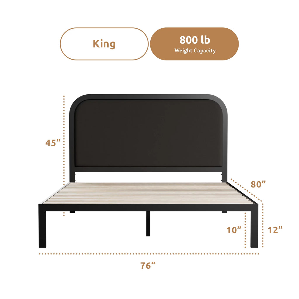 Queen Cream Metal Platform Bed with Upholstered Headboard P994