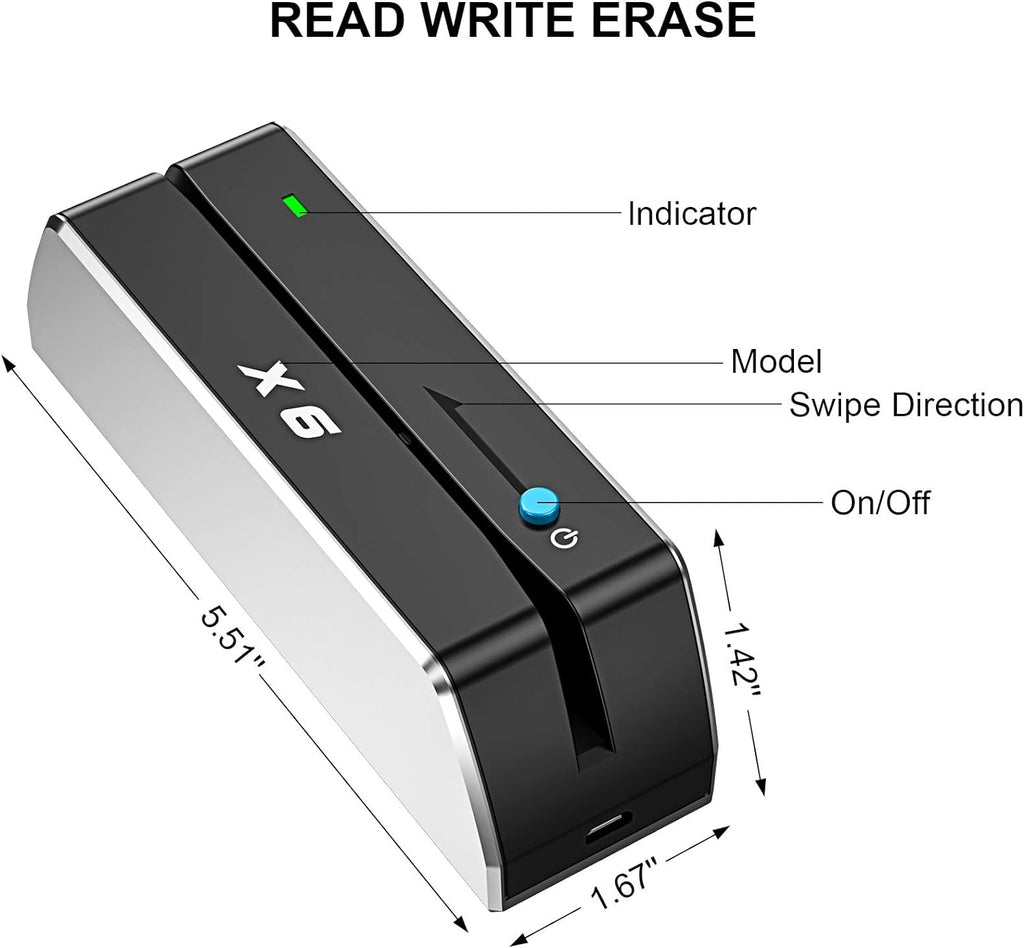 X6 BT Bluetooth Magnetic Card Reader Writer USB 3 Tracks Swipe Encoder V24838