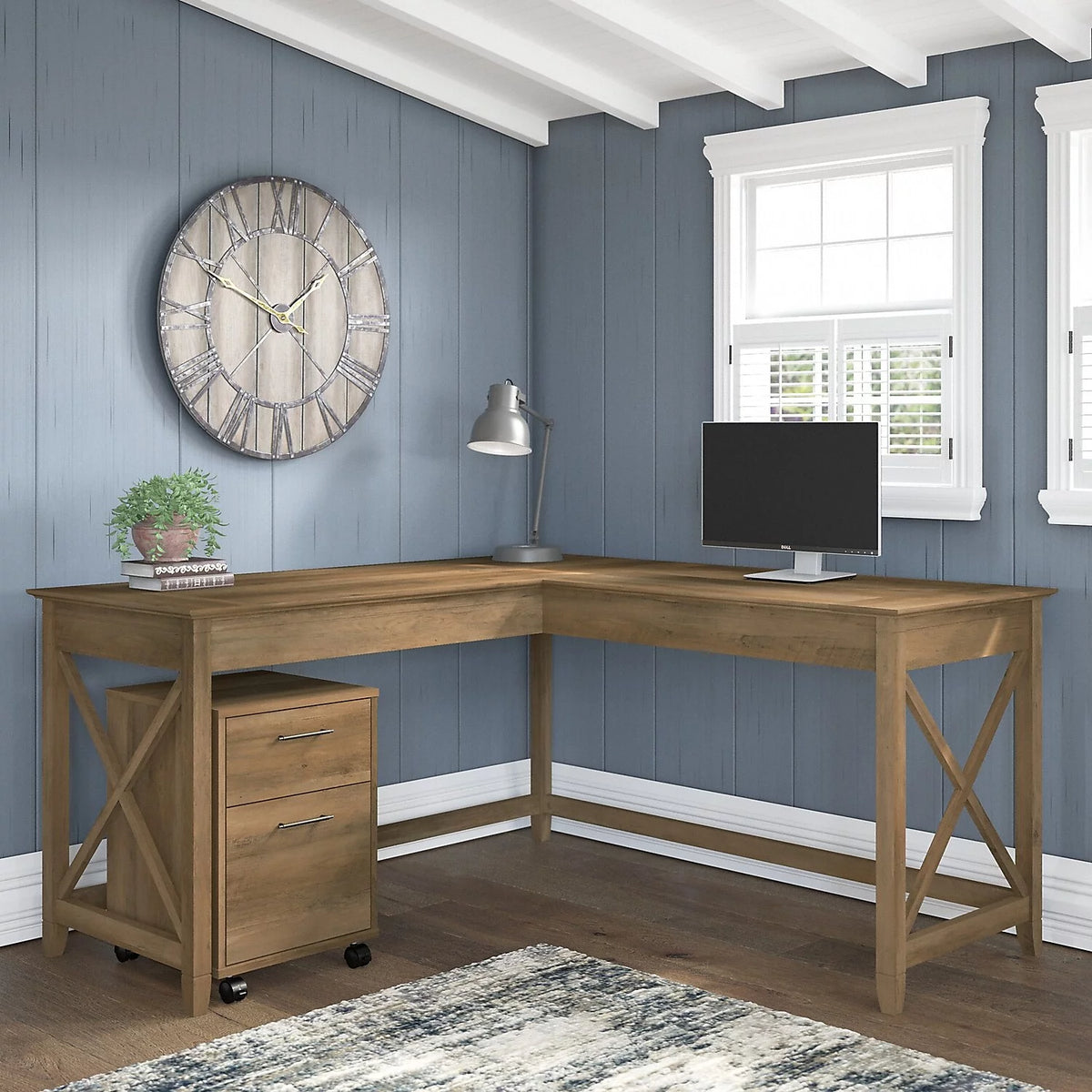 L Desk with Mobile File Cabinet in Reclaimed Pine Engineered Wood L879