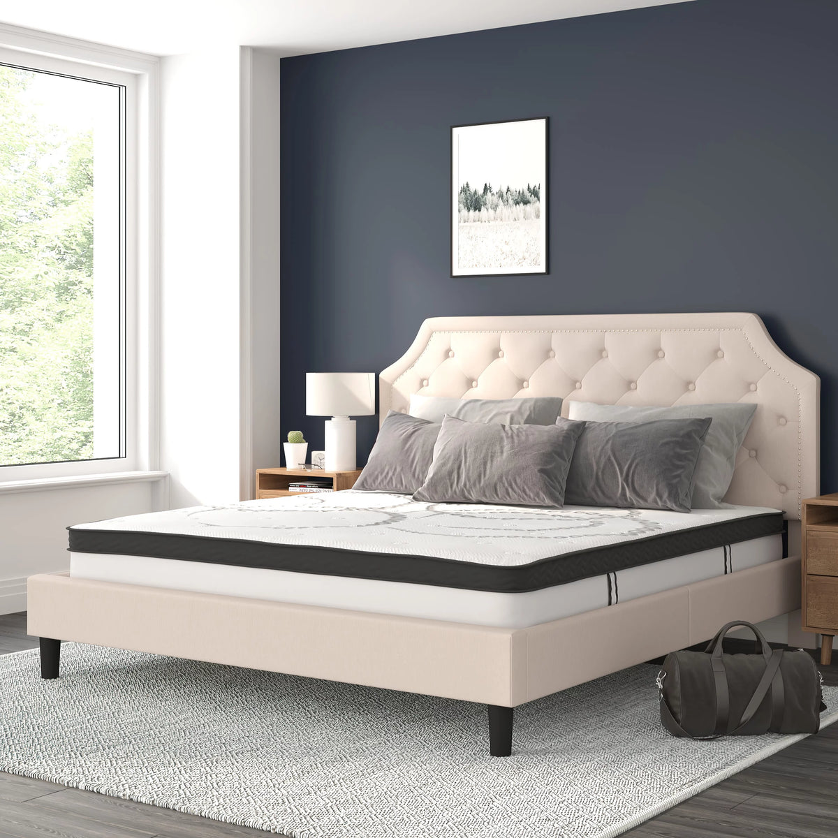 King Size Tufted Upholstered Platform Bed Beige Fabric with 10 Inch Pocket Spring Mattress T9912