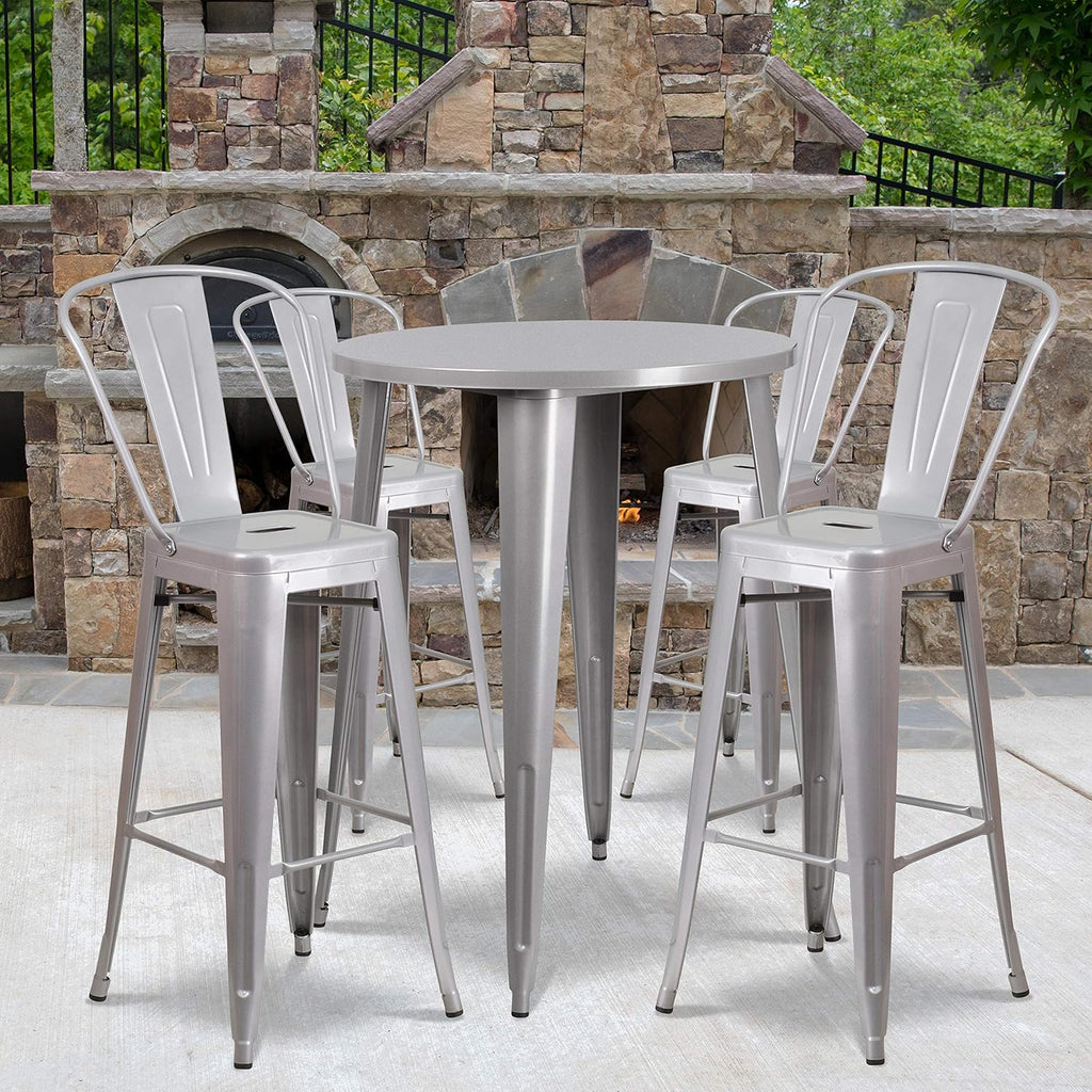 30 Round Silver Metal Bar Table Set with 4 Cafe Stools O615534