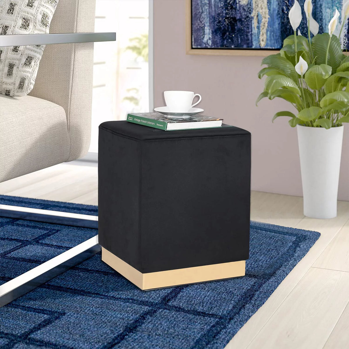 Black Velvet Square Ottoman H187115