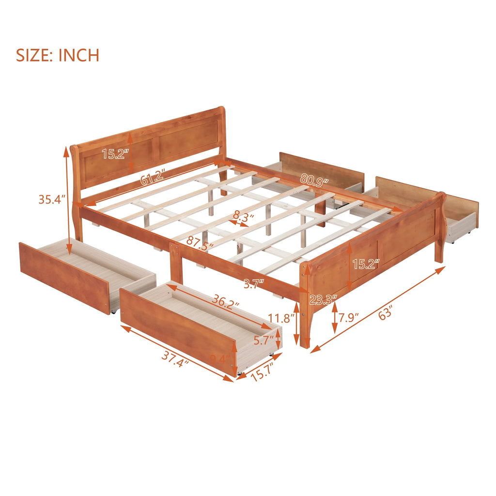 Queen Size Wood Platform Bed with 4 Drawers S6573