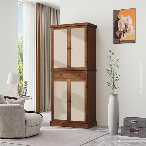 Tall Cabinet with 4 Rattan Doors and 1 Drawers, Adjustable Shelves (Walnut) R94023