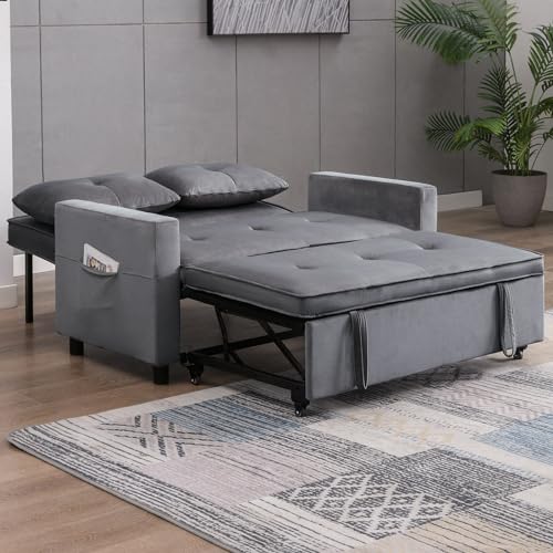 Dark Grey Upholstered Convertible Folding Sofa Bed with Storage Pocket M5060