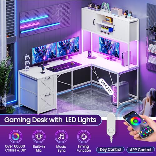 Black L Shaped Computer Desk with Fabric Drawers and Power Outlet T246