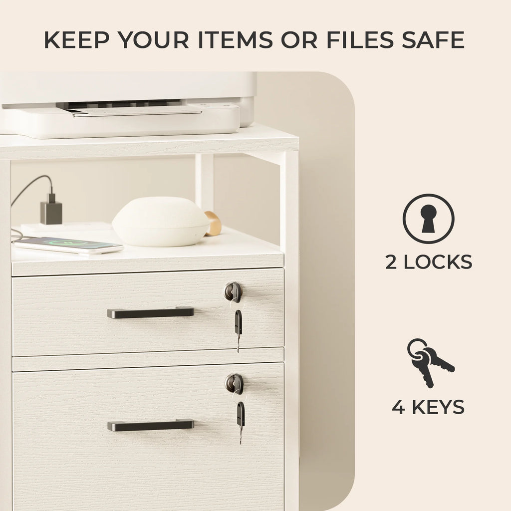 White 2 Drawer Mobile File Cabinet with Lock and Charging Station J65394