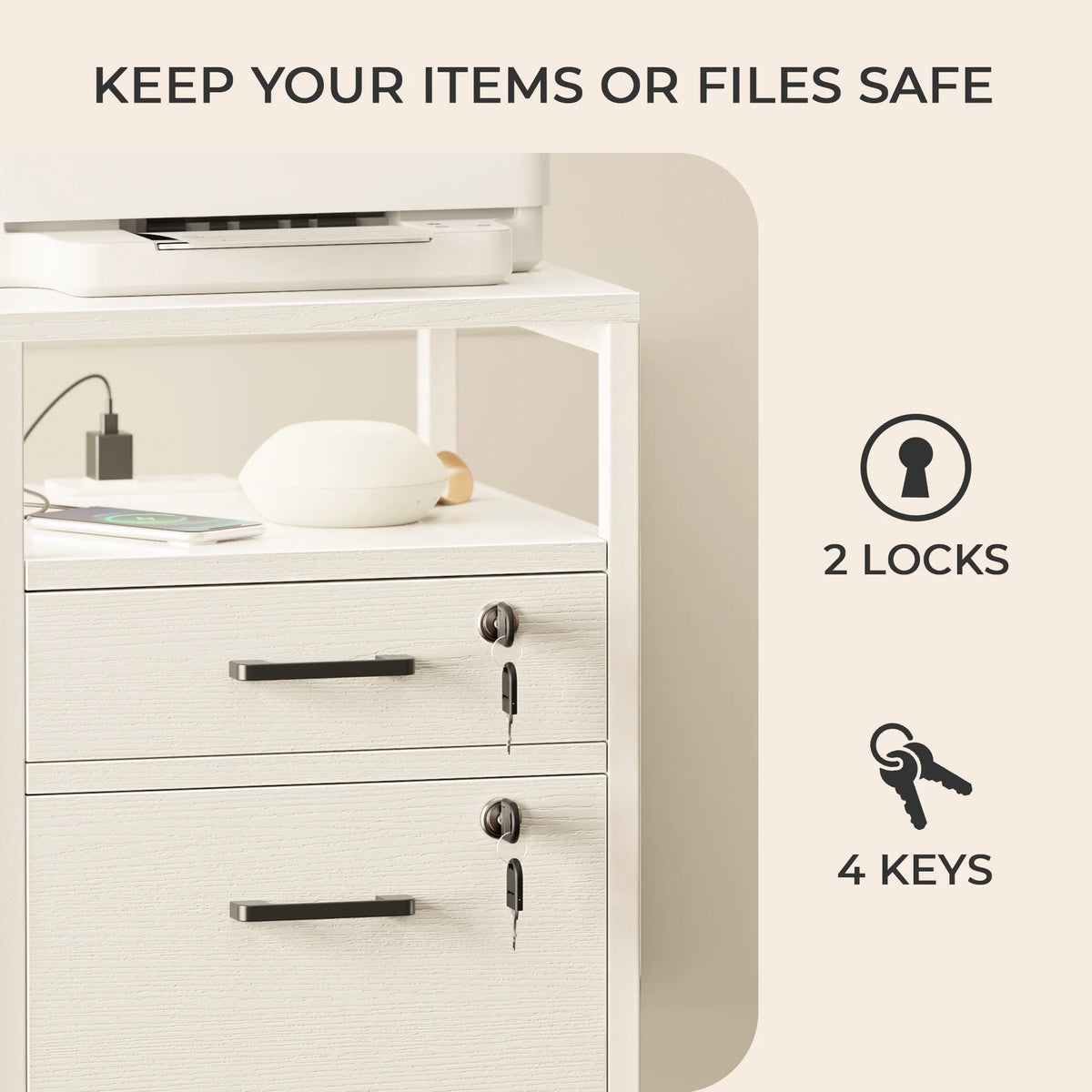 White 2 Drawer Mobile File Cabinet with Lock and Charging Station J65394