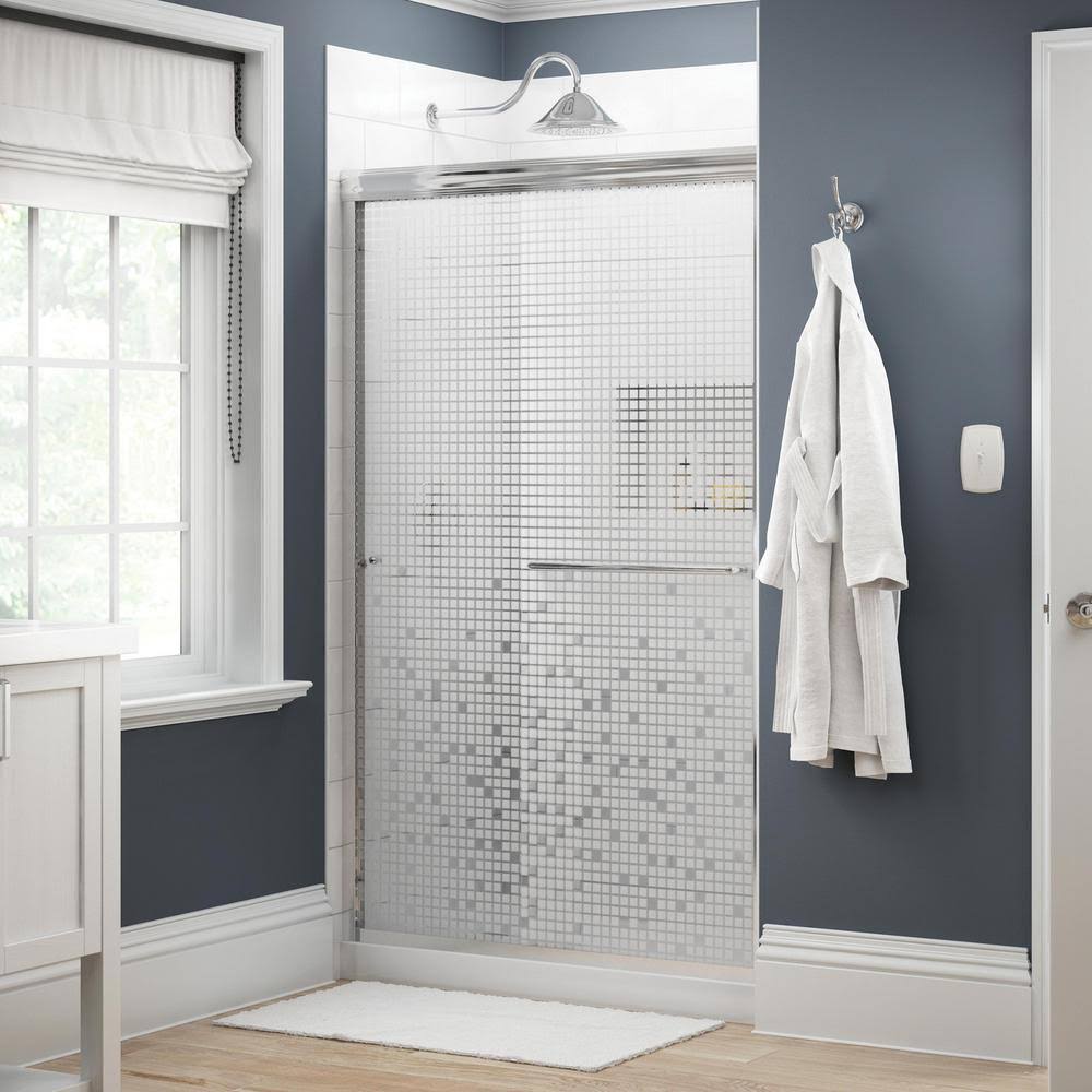 Semi-Frameless Sliding Shower Door in Chrome with Mozaic Glass V97558