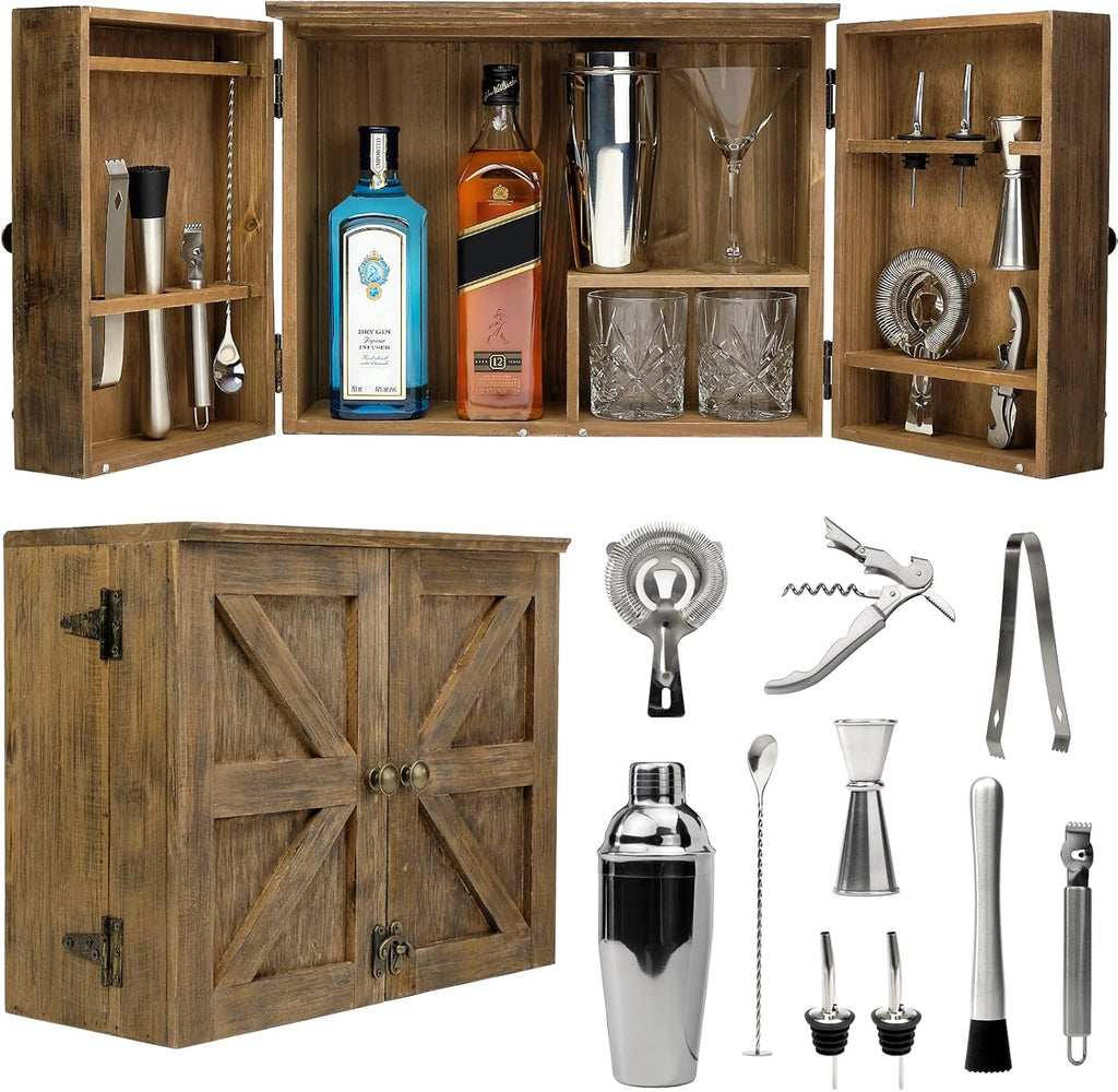 Rustic Brown Bar Cabinet with 12 Piece Bar Tool Set R83440