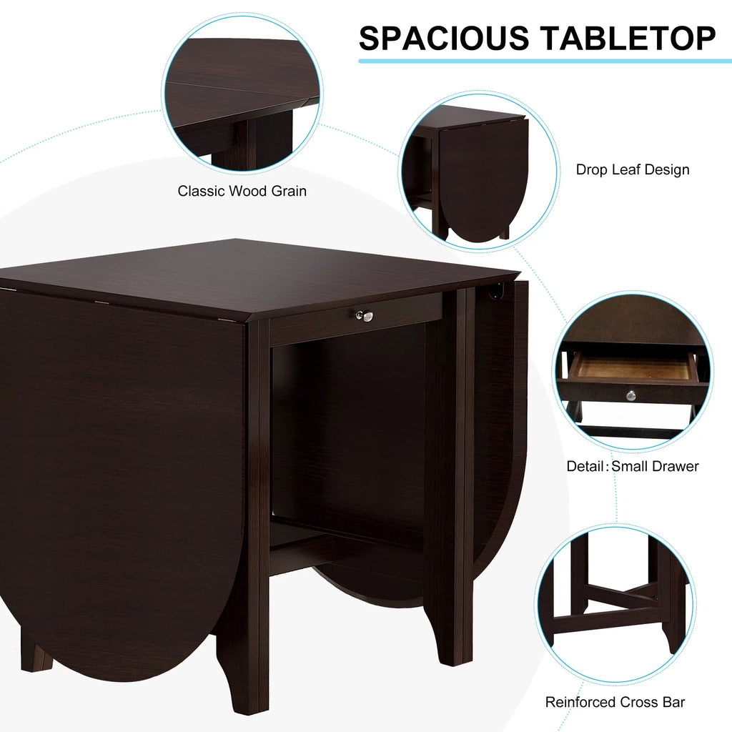 Drop-Leaf Rubberwood Dining Table with Drawer Dark Cappuccino N687
