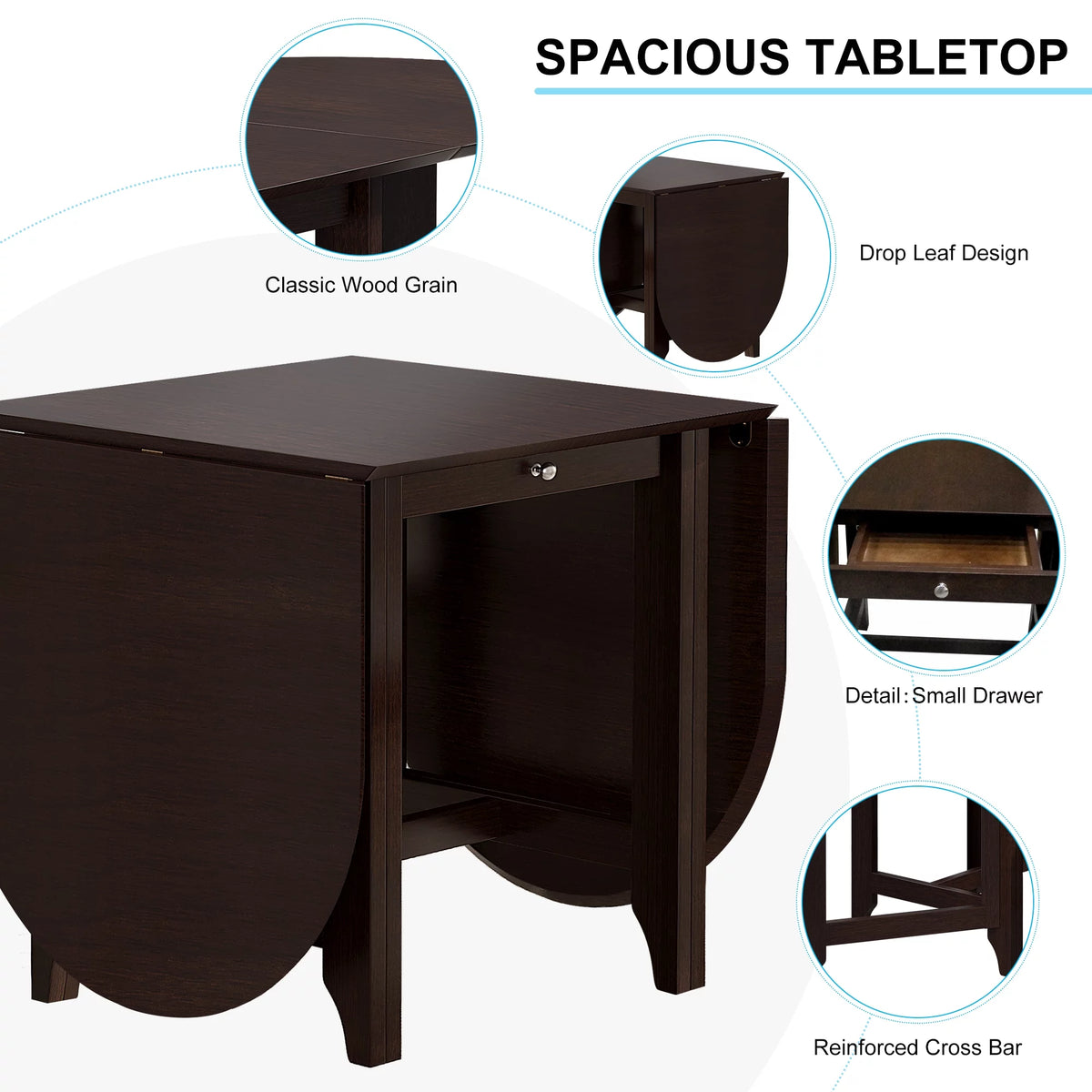 Drop-Leaf Rubberwood Dining Table with Drawer Dark Cappuccino N687