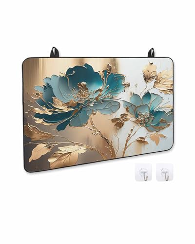 Teal Floral Blossom Gold Foil Leaves Induction Cooktop Protector Mat 24x21IN U654830