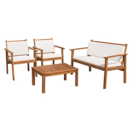 3 Piece Acacia Wood Patio Chairs with Coffee Table & Cushions M528