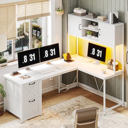 Black L Shaped Computer Desk with Fabric Drawers and Power Outlet T246