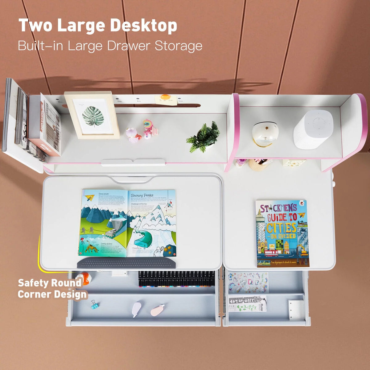 Adjustable Kids Desk and Chair Set with Hutch and 2 Storage Drawers V600
