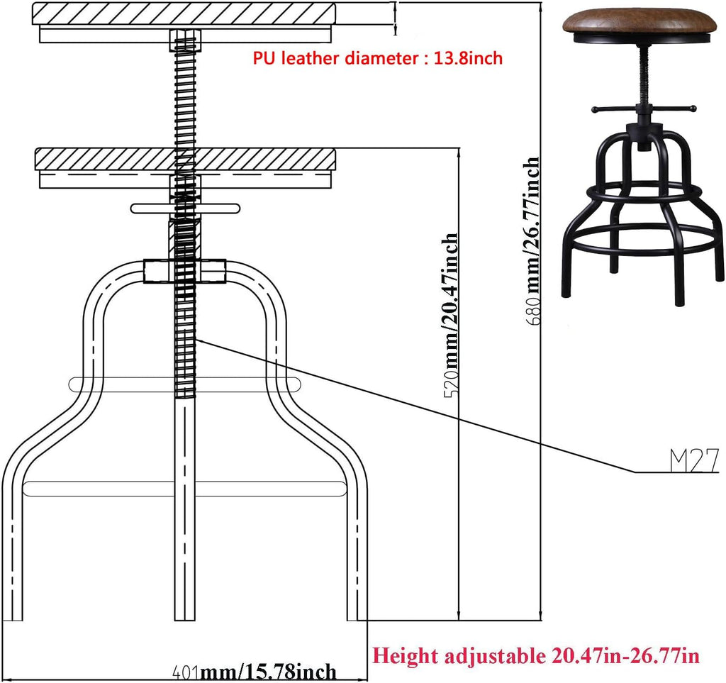 Industrial Vintage Bar Stool, 27 Inch, Set of 2 D481