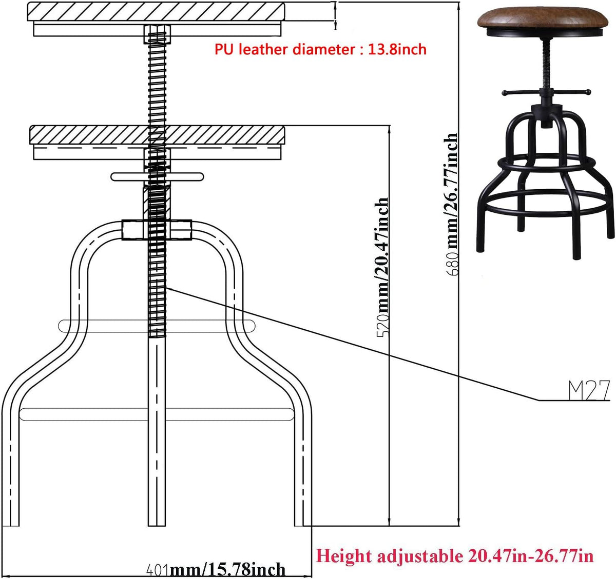 Industrial Vintage Bar Stool, 27 Inch, Set of 2 D481
