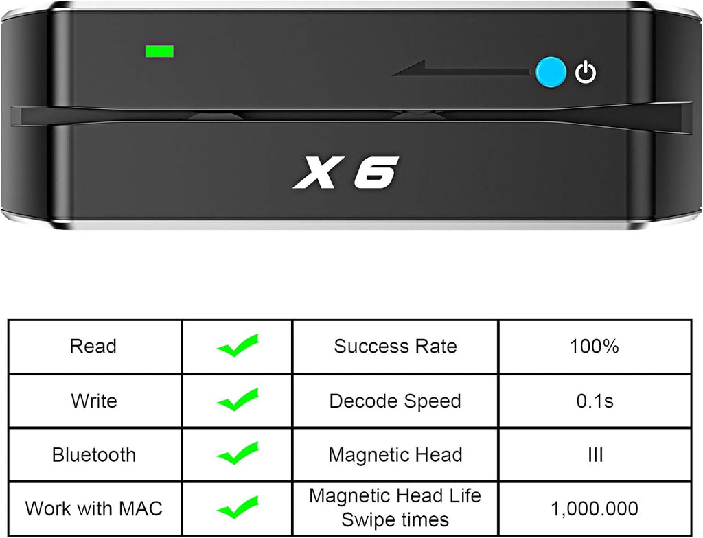 X6 BT Bluetooth Magnetic Card Reader Writer USB 3 Tracks Swipe Encoder V24838