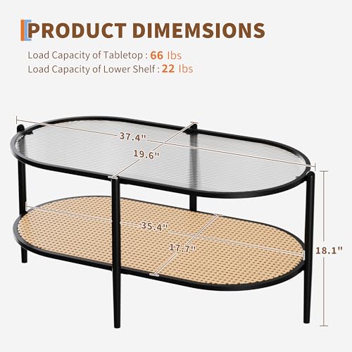 37" Rattan Oval Coffee Table, 2-Tier Storage Shelf Metal Frame B128